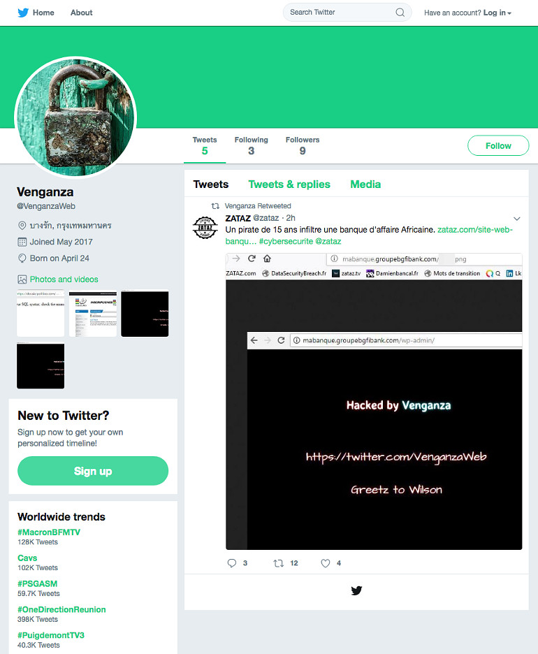The hacker's Twitter page