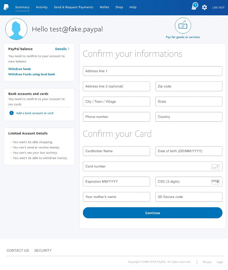 Fake Paypal webpage #4 - Restore form