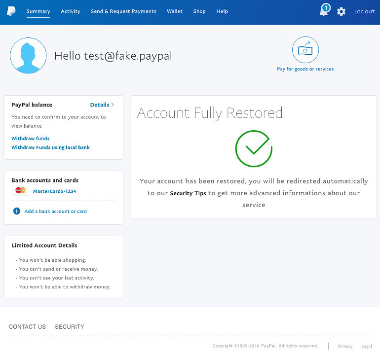 Fake Paypal webpage #7 - Account fully restored